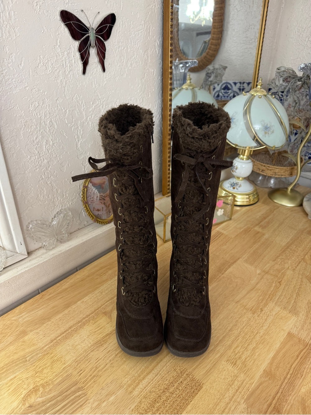 2000’s Unionbay Brown Faux Suede Faux Fur Lace-Up Wedge Boots Size 7 Grunge Fall
